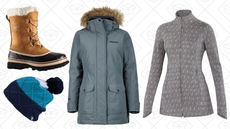 Sorel Caribou Boot, $111 | Ibex Slouchy Cable Hat, $35 | Marmot Geneva Down Jacket, $350 | Ibex Juliet Zip Tunic, $126